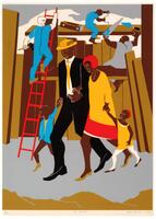 The color screenprint depicts four dark skinned figures walking past a construction site—likely a family. The man is dressed in a black suit, black shoes, yellow tie, and tan hat. The woman wears a red and white dress, yellow jacket, and red cap. The little girl stands to the left of mother, holding her hand. She wears a yellow dress, white tights, brown shoes, and a red cap. A small boy wears brown pants, tan shoes, a yellow shirt, and blue jacket. He stands to the right of the father and holds his hand.  <br /><br />
In the background, there are three men working at the construction site. There are two men in blue jumpsuits, one has dark skin and the other white. A third dark skinned man wears a gray jumpsuit and holds a saw. The print is signed and dated (l.r.) "Jacob Lawrence 1974" in pencil.