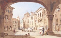 This small watercolor depicts a city square viewed through the arches of an arcade. A small group clusters next to one of the columns in the foreground, and a few other figures are scattered about the square along with a man leading a horse and cart.