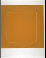 This print depicts a solid gold square, the outline of which circumscribes a green circle which in turn circuscribes a white square. The square is slightly offset to the lower left so the bottom left corner is cut off by, and the top right corner does not touch, the circle.