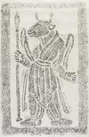 This is a rubbing of a figure with the head of an ox dressed in robes. It appears to be holding a staff in its right hand.<br />
&nbsp;
<p>These rubbings are taken from reliefs of the twelve Chinese zodiac animal deities on the surface of guardian rocks (&egrave;&shy;&middot;&ccedil;&Yuml;&sup3;, hoseok ) placed around the edge of the tumulus of General Kim Yusin (&eacute;&Dagger;&lsquo;&aring;&ordm;&frac34;&auml;&iquest;&iexcl;, 595&acirc;&euro;&ldquo;673) on Songhwasan Mountain (&aelig;&frac34;&egrave;&Scaron;&plusmn;&aring;&plusmn;&plusmn;) in Gyeongju, Gyeongsangbuk-do Province. The twelve animal deities guard the twelve Earthly Branches which can be interpreted as spatial directions. Each animal deity has the face of a certain animal and a body of human. The twelve animal deities occur in the following order according to the Chinese zodiac: rat, ox, tiger, rabbit, dragon, snake, horse, sheep, monkey, rooster, dog, and pig. While the twelve deities on guardian stones placed around royal tumuli from the