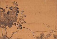 An ink painting depicting a grapevine (vine, leaves, and grapes).