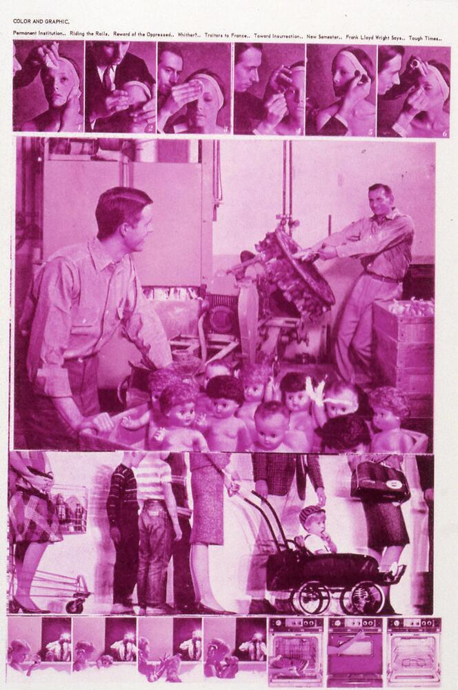 This print is separated into four horizontal registers of images and text, all printed in pink and black. At the top there is text that reads "COLOR AND ORGANIC / Permanent Institution.. Riding the Rolls. Reward of the Oppressed.. Whither?.. Traitors to France.. Toward Insurrection.. New Semester.. Frank Lloyd Wright Says.. Tough Times.." Below is a series of photographs of a man in a suit putting make-up on a woman with bare sholders and her hair pulled back. The second register has one large image of two men at a factory, manufacturing children's dolls. Below that, there is one cropped scene of people of various ages standing in line. The bottom row of images includes four images on the left, of a man taking photographs of a girl and a puppy in a bubble bath and three images on the right of an oven, open, closed and with someone putting steaks inside. 