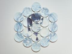 A collection of 19 blue and white plates which, when laid out side-by-side, creates the image of Bruce Lee, a man with dark hair wearing a suit and tie. The border of the piece is comprised of scrolling flowers and vines along with a dragon.