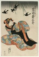 In this print, a young woman cowers on the ground.  She wears an elaborately detailed robe with landscape images and a black sash.  Four black birds fly above her.<br />
 <br />
Inscriptions: Artist’s signature: Kunisada ga; Publisher’s seal: Tōriaburachō, Tsuruki han; Censor’s seal: kiwame; Chaya musume Oritsu, Iwai Kumesaburō<br /><br />
This is the left panel of a diptych.
