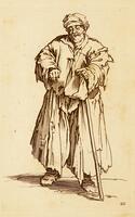 The single figure of a beggar dominates the composition.  Dressed in rags and leaning on a staff, the figure faces the viewer and is shown walking with only slight indication of setting, principally the man's shadows.<br />Two punctures approximately 4cm apart at the upper center. Paper size: h 21 2/5cm x w 15 1/10cm. Plate size: lh 13 7/10cm &amp; rh 13 2/5cm x tw 8 3/5cm &amp; bw 8 7/10cm.