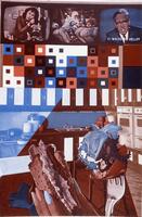 This photolithographic print in shades of blue and rusty red is separated into three main registers. There are three television screens at the top, each with a different image: from left to right, a woman putting on her earrings as a man looks on, an American football game, and an image of a man in a suit from the chest up with the text Dr. Walter W. Heller. Below these images, there is a register with a grid of squares within squares with two large rectangular boundries; at the far right, two larger squares are stacked vertically. The bottom register of images shows a contemporary domestic kitchen, the colors of which are transected in two places, and, in the foreground, an oversized image of a female hand holding a sandwich and a fork with salad attached.