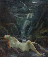 A framed painting of a nude woman posed as if reclining against rocks in a small stream.  The landscape she is in looks like a mountain valley; on either side of the painting are tall cliffs that come together as a river valley in the middle.  The sky is dark and full of dark clouds, but in the distance rays of sunlight break through them to illuminate the distant cliffs and river.