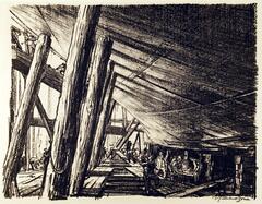 Large, wooden, vertical and horizontal beams frame the left side of this lithograph. They are supporting the sloping, shadowy underside of a large boat's hull, on which many men are performing maintenance and repairs.<br />
Signed verso l.r., with scratch lettering, on stone, "Muirhead Bone"
