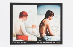 Two color images of a boy sitting on a beach are presented side by side. &nbsp;On the left is a rendering of a boy in red swim trunks, shoulders slumped and head slightly downward. &nbsp;The background is faintly visible, with a second figure rising from the water and looking downward. &nbsp;On the right is a photograph of a boy sitting on a beach, wearing jeans and positioned similarly to the boy on the left.