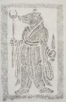 This is a rubbing of a figure with the head of a pig dressed in robes. The right hand holds a staff with a crescent moon shape at the top, and the left hand holds a dagger.<br />
&nbsp;
<p>These rubbings are taken from reliefs of the twelve Chinese zodiac animal deities on the surface of guardian rocks (&egrave;&shy;&middot;&ccedil;&Yuml;&sup3;, hoseok ) placed around the edge of the tumulus of General Kim Yusin (&eacute;&Dagger;&lsquo;&aring;&ordm;&frac34;&auml;&iquest;&iexcl;, 595&acirc;&euro;&ldquo;673) on Songhwasan Mountain (&aelig;&frac34;&egrave;&Scaron;&plusmn;&aring;&plusmn;&plusmn;) in Gyeongju, Gyeongsangbuk-do Province. The twelve animal deities guard the twelve Earthly Branches which can be interpreted as spatial directions. Each animal deity has the face of a certain animal and a body of human. The twelve animal deities occur in the following order according to the Chinese zodiac: rat, ox, tiger, rabbit, dragon, snake, horse, sheep, monkey, rooster, dog, and pig. While the twelve deities on g