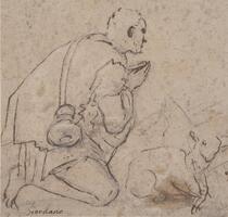 A man in humble attire, shown in three-quarter view, is seen kneeling at the left side of the image; his hands are clasped in front of him in prayer. At the lower right is a sleeping lamb nestled into a schematically rendered background.