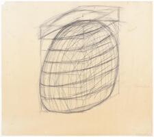 Heavily worked and reworked pencil drawing on large square of grid paper. Form is an ovoid shape with longitudinal and lateral lines, thinner than it is tall, fit into a rectangular box that represents the block of stone to be carved. At the bottom right of the sketched image, Highstein has noted the dimensions (7&rsquo; x 7&rsquo; x 2&rsquo;) x 7. Seven blocks of granite at 2&rsquo; x 2&rsquo; x 7&rsquo; were meant to be stacked and carved into the proposed shape.