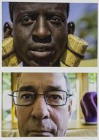 Two images, one above the other. The top is of the face a black man with streched earlobes and the bottom is of the face of a white man wearing glasses. 