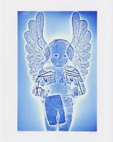 A color photograph with hues of blue and white featuring a figure with wings. The figure is encircled by white and appears to glow.