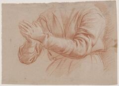 On the recto is a landscape-orientation sketch in red chalk of a figure in prayer. The drawing is composed of just the model's torso, from shoulders to hip. The figure's arms are slightly outstreched with palms together in prayer.<br />
On the verso is a portrait-orientation sketch in red chalk of a male nude, heightened in white. The figure is shown on his knees with legs just past shoulder-distance apart; the figure leans backwards, his chin raised and head titled away from the viewer. His left arm is stretched above his head and reaches right; the right arm extends straight out to the right, ending at the elbow. Below the man is a study of a leg bending at the knee.<br />
 