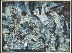 This abstract painting consists of a dark background over-taken by swaths of blues, whites, and greys, areas of a dark purple color in the upper right corner, and one splatter of red towards the upper left. Throughout the painting, thinner outlines of white, greys and blacks form abstract shapes. 