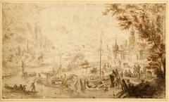 The drawing depicts a river with at least a dozen boats of various sizes in the fore- and middle grounds. The ships range in size from a larger boat with a single tall mast, to smaller boats with and without sails, including a small boat in the lower left corner poled by a man standing in the stern that seems to be ferrying a group of people across the river. Many of the boats are docked and are being loaded or unloaded. The spires and rooftops of towns are visible on both riverbanks.