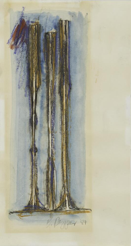 Painting of three vertical orange posts with fluted bases on a blue background.