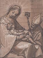 A woman sits on the left holding a nude infant in her lap. An aureole of light radiates around her head as she looks downward toward the child, who returns her gaze. A bearded bishop wearing a miter and holding a crosier kneels before them on the right.