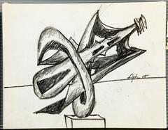 This drawing on paper shows an abstract sculptural object on a rectangular base. The object has a ring-shaped element that surrounds the lower left portion of the elements of structure. In the background there is a simple horizon line. The artist signed and dated the work on this line in black crayon (c.r.) "Lipton 75".