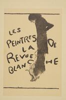 A print of a woman in a long black dress looking down at a dog nipping at her heels. She is standing in front of some text which reads, "Les Peintres La De Revue Blanche."<br /><br />
EC 2017