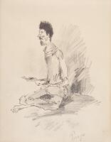 A sketch of a long and gaunt man seated and begging with a bowl in his left hand. He is turned three-quarters to his right, away from the artist. He is unshaved and wears tattered clothing and no shoes. The shadows of the beggar suggest he is sitting on the street against a wall.