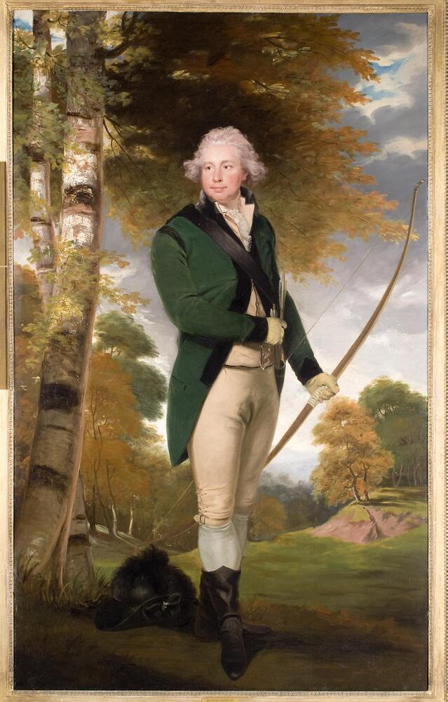 A full-length portrait of a standing male in a lanscape setting. To the left of the composition stands a pair of birches near the figure; to the right, the landscape opens up to a distant expanse of trees and hills. The man stands facing to the right but looking out of the canvas to the left. He holds a bow and quiver of arrows; a black hat with a feather is on the ground at his feet. He is dressed in tan pants and waistcoat with a green frock coat and black boots.