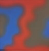 Abstract image featuring blue, gray, and red paint with wavy borders creating a rippling effect. The center of the piece is a vertical red swath which connects the a red top and bottom border, creating a shape reminiscent of an uppercase &#39;I&#39; with gray and blue vertical paint on either side of the red.&nbsp;