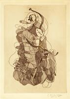 An etching with curved lines forming smaller irregular sections that create a mass at the center of the page. When lines overlap, cross-hatching is used to create different gradients. Signed (l.r.) "G. Braque."