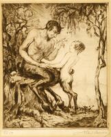 This is an etching of an adult faun sitting to the left and a child faun standing to the right. The adult faun sits on a tree stump and holds the left hand of the child faun. There is a slender tree on the far right and additional foliage in the left side