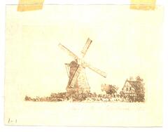 This print depicts a large windmill in the foreground and a house to the right.
