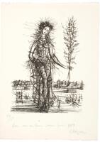 This print shows a very tall woman holding a large branch or small tree in her left hand against a suggestion of landscape in the background. The work is done in sketched black lines, including the woman's clothing which does not conceal her body.  Below the image is the inscription "Avec mes meilleurs voeux pour 1953"
