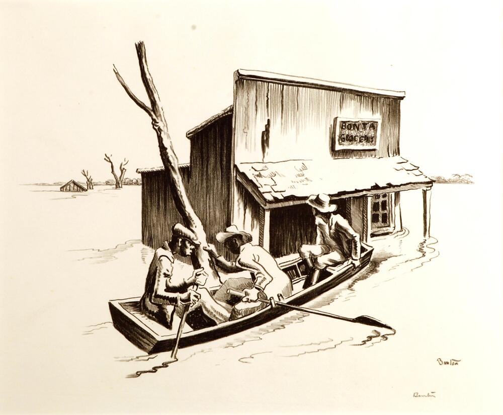 In this print, three figures in a row boat approach a flooded store.