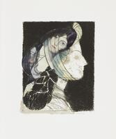 Drawing of a woman in profile with a headscarf made from a collaged image of another woman.