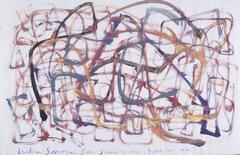 A series of multi-colored lines, weaving and twisting, on a white background in a scribbled manner.