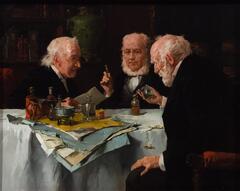 A painting of three white-haired men sitting at a table with papers and scientific equipment.