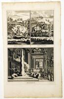 This print has two scenes on the top half with one larger scene taking up the bottom half of the print. Each depicts an incarnation of a deity.