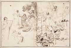 This sheet contains studies of fourteen figures in various stages of elaboration. Several of the figures are represented standing while gazing upward, including a man with an outstretched arm on the left edge of the sheet, a woman standing before a column near the center, and a man with a cross over his shoulder in the upper right corner. Two summarily sketched seated figures in the lower left corner appear to develop ideas for a similar figure placed at the foot of a column in a more detailed study near the middle of the sheet. In the upper left quadrant of the sheet appears a monk kneeling beneath a tree with a figure holding a staff standing behind him. Marked off by an octagonal frame along the lower edge is a seated female figure pointing upward with her right hand and holding a globe in her left.