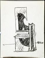 This drawing on paper shows an abstract sculptural object. The object is comprised of a vertical rectangular structure with other intersecting rectangular elements. In the background, there is a simple horizon line on which the artist has signed and dated the drawing in black crayon (l.r.) "Lipton 75".