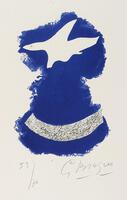 This print shows a blue cloud-like shape with a white bird on the top plume and band of sparkles near the bottom. The artist's signature and edition number are at the bottom. 