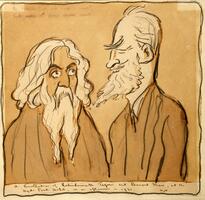 A drawing of two figures, done in graphite, ink, brown and white wash, with brown dominating the image's tonality. The style of the drawing resembles a cartoon or caricature of the subjects. The man on the right, is taller and has a paler complexion than the man on the left.