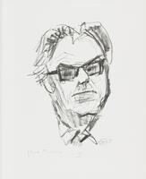 A black and white sketching of a man&#39;s face and collar. He looks upward and to the viewer&#39;s right, and wears angular, dark glasses. His hair is dishevelled and his face is unshaven.
