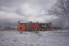 Single orange building on snow-covered ground with a large tree on the viewer's right. 