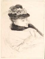 A woman wearing a black hat reclines in a lightly sketched chair. Shown in a three-quarter view and angled towards the viewer's left, she sits quietly, looking straight ahead. She wears a fur-trimmed coat, and flexes her right hand, which is curled into a loose fist, upwards. The background is left blank.<br />
Signed in the lower left of the composition, in the plate, "JTJ [the second J rendered backwards] / J.J. tissot"