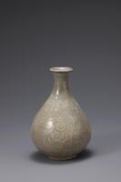 <p>This vessel conforms to a type of Goryeo celadon bottle that features a bulbous body, which has its center of gravisty at the lower part of the body, but its neck is rather stout when compared to the bottles produced in the 12th and 13th centuries. The shouler is decorated with a yeoui-head band, while chrysanthemum orets adorn the body in four places. The chrysanthemum designs were first stamped into the clay and inlaid with white slip; this stamping technique (inhwa) later developed into the style known as stamped buncheong ware. The base displays large cracks formed during ring. The glaze was unevenly fused, causing running and opaque melting in parts.<br />
[Korean Collection, University of Michigan Museum of Art (2014) p.145]</p>
