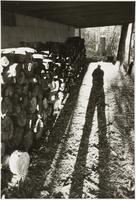 A black and white image of a figure's shadow extending alongside a pile of wood stacked next to a building. 