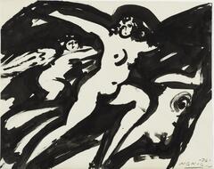 A black and white line painting of two nude female figures in front of a bull.