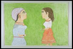 An image of two girls facing each other.  The girl on the left wears a white and black patterned dress and a striped cap. The girl on the right has long brown hair and wears a white top and red skirt. The figures stand against a green background.