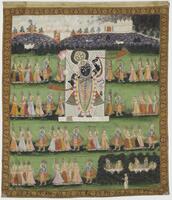 The piece portrays a central god, with many milkmaids surrounding him.  There are louts flowers present, as well as hills and buildings at the top of the painting.  There are also various incarnations of gods, which are the blue-skinned figures.