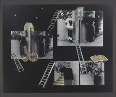A photo collage on a black background featuring black and white photographs of individual women standing against walls. The photographs are overlaid with collaged ladders, stairs, stars, and scrolls. 
